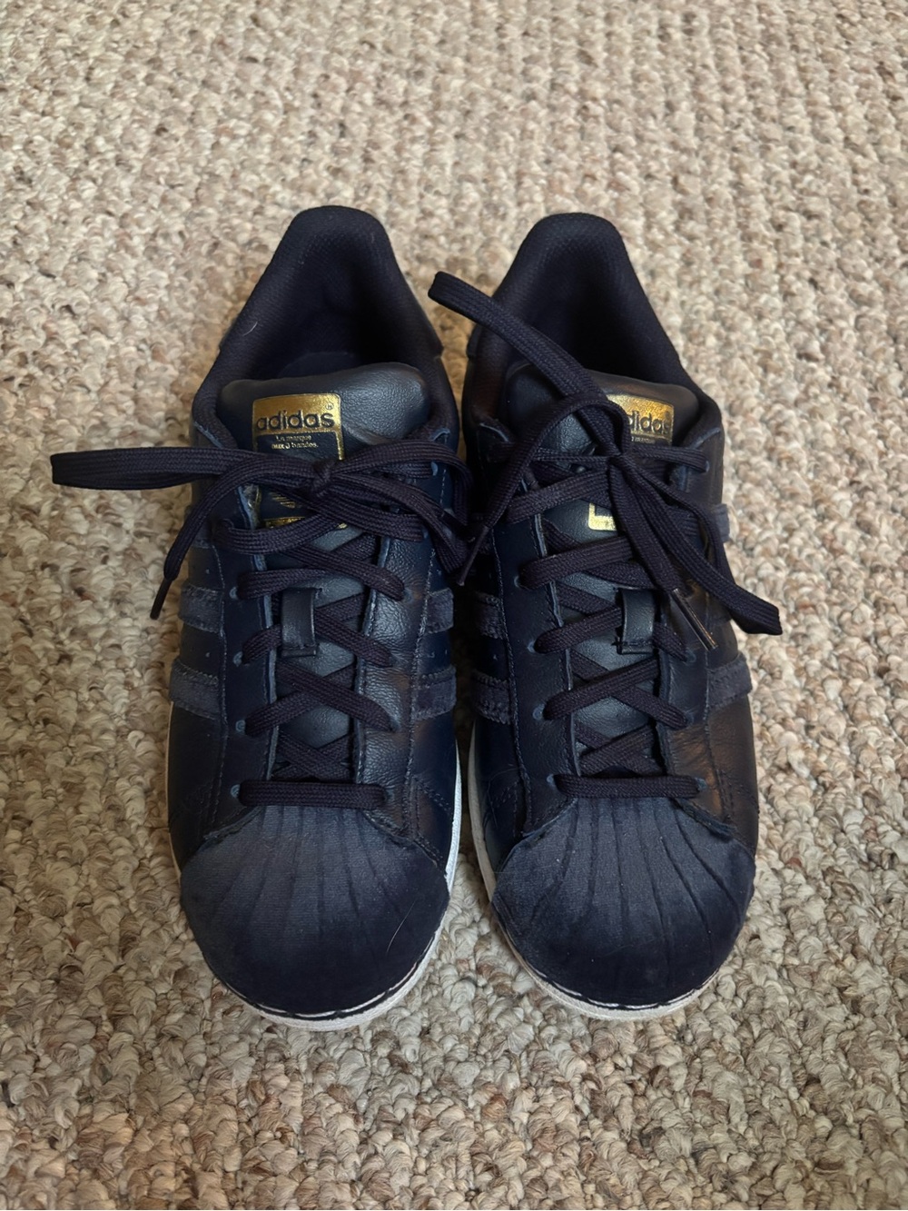 adidas Navy Blue Superstar Sneakers with Gold Accents